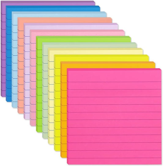 (12 Pack) Lined Sticky Notes 4x4 in, 12 Bright Colors Self Sticky Notes Pad Its Super Sticking Power Memo Pads, 4x4 Large Square Sticky Notes for Office,Home, School, Meeting