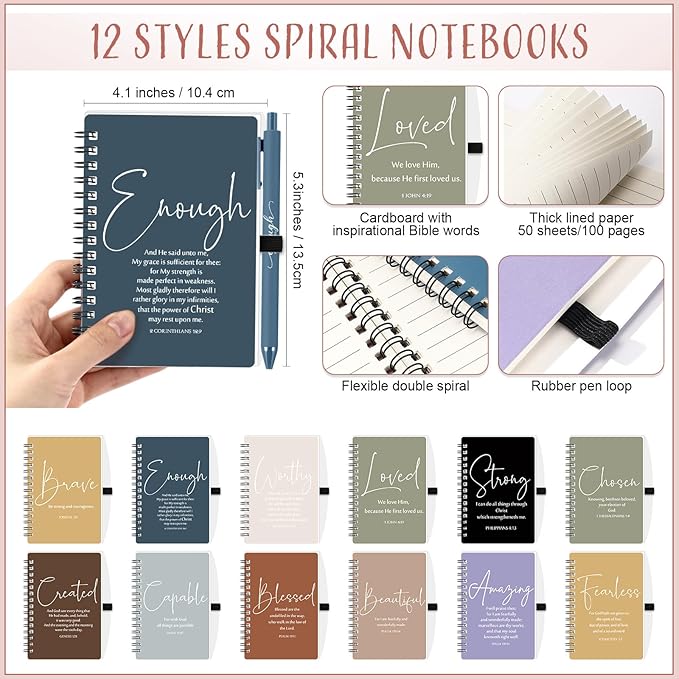 Kosiz 12 Sets Inspirational Christian Gifts Bulk Christian Notebooks Prayer Journals with Pens Spiral Bible Journals Religious Gifts for Church Grandparent Pastors Day Sunday School (Fresh Color)