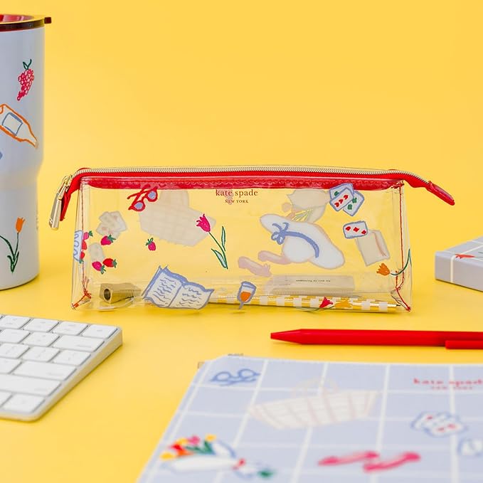 kate spade new york Clear Pen and Pencil Case for Women, Cute Work Stationery, PVC Zip Pouch Includes 2 Pencils, Sharpener, Eraser, and Ruler (Park Picnic)