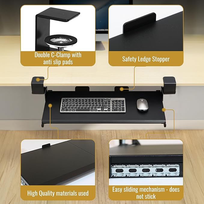 Keyboard Tray Under Desk Slide Out – Large 27" (31" Wide with Clamps) Computer Drawer Pull Out with Sturdy C-Clamp Mount, Ergonomic Keyboard Holder Under Desk Tray, Black