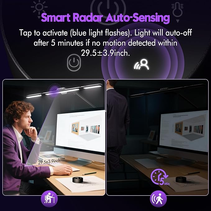 Quntis 32.5" Architect Desk Lamps for Office Home Dorm - Eye Care 3 Light Bar 1100LM Bright, Ambient Backlight, Radar Sensor, Remote Control, 2H Timer, Workbench Drafting Reading Video Conference Task