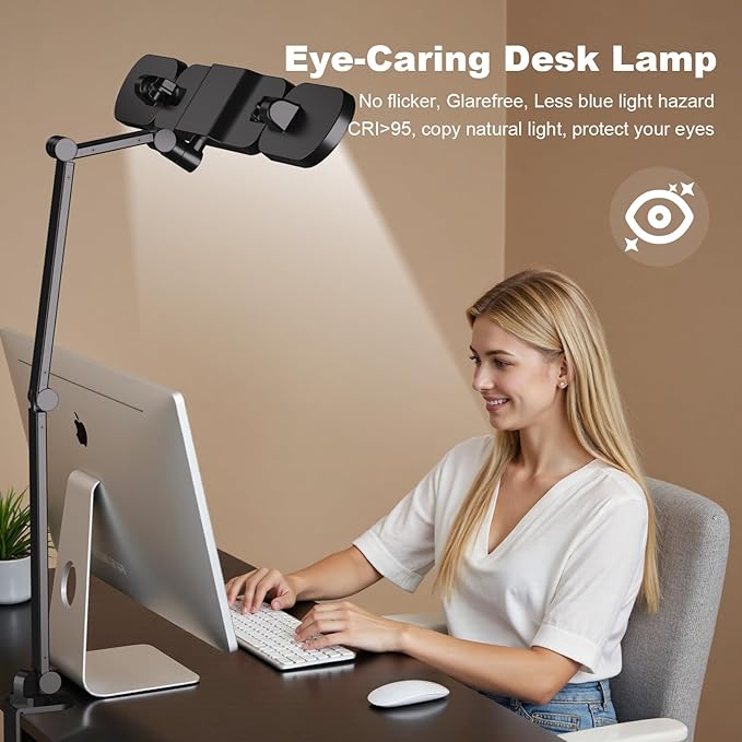 LED Desk Lamp with Clamp,Adjustable Swing Arm Desks Lamps for Home Office,Dimmable Tempering Eye Care Desk Light Bright Modern Led Table Lamp for Nail Tech Archite (3 Section Swing Arm)