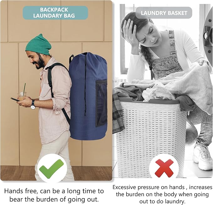 Portable Laundry Backpack With Adjustable Shoulder Straps, Drawstring Closure & Mesh Pocket for Travel, College, Apartment, Camping (Dark Blue)