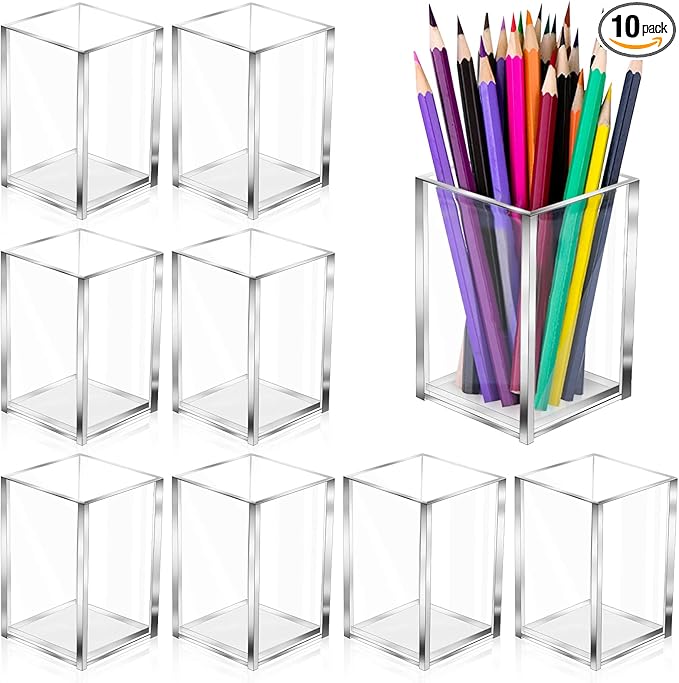 10 Pack Clear Acrylic Pen Holder Makeup Brush Holder Desktop Pencil Organizer Acrylic Pencil Cup Stationery Organizer Accessory for School Makeup Desk Office Pen Organizer