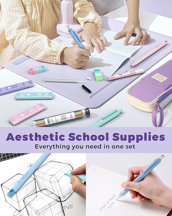 Four Candies 36PCS Aesthetic School Supplies, Mechanical Pencil Set 0.5mm, 0.7mm, 0.9mm & 2.0mm with 624 Lead Refills, Back to School Supplies for Writing & Drawing, Ideal Stationary Set Gift (Purple)