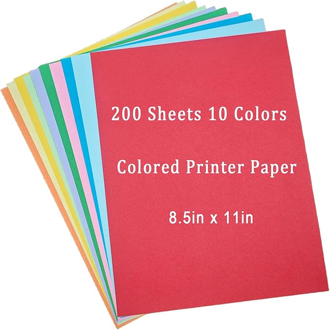 Colored Copy Paper 8.5 x 11 Assorted Colored Print Paper, 10 Colors Letter Size Colored Origami Paper for Cutting DIY Kids Art Craft School Office Supplie(200 Sheets)
