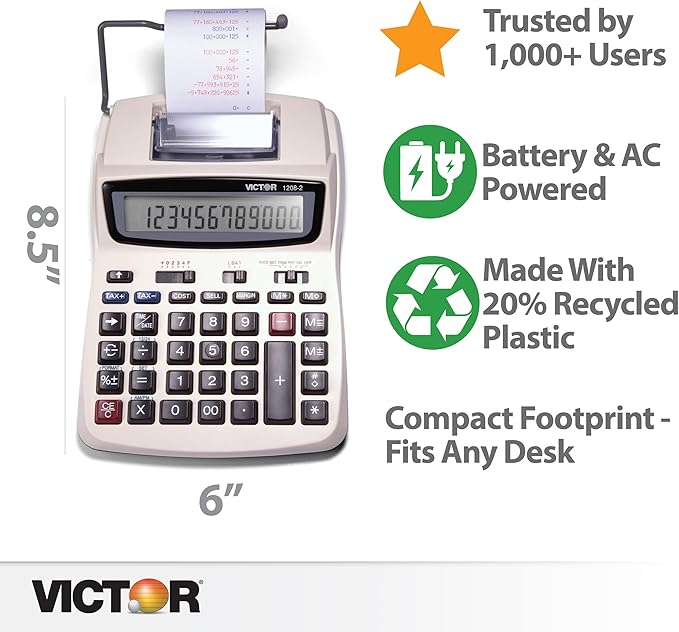 Victor Printing Calculator, 1208-2 Compact and Reliable Adding Machine with 12 Digit LCD Display, Battery or AC Powered, Includes Adapter,White