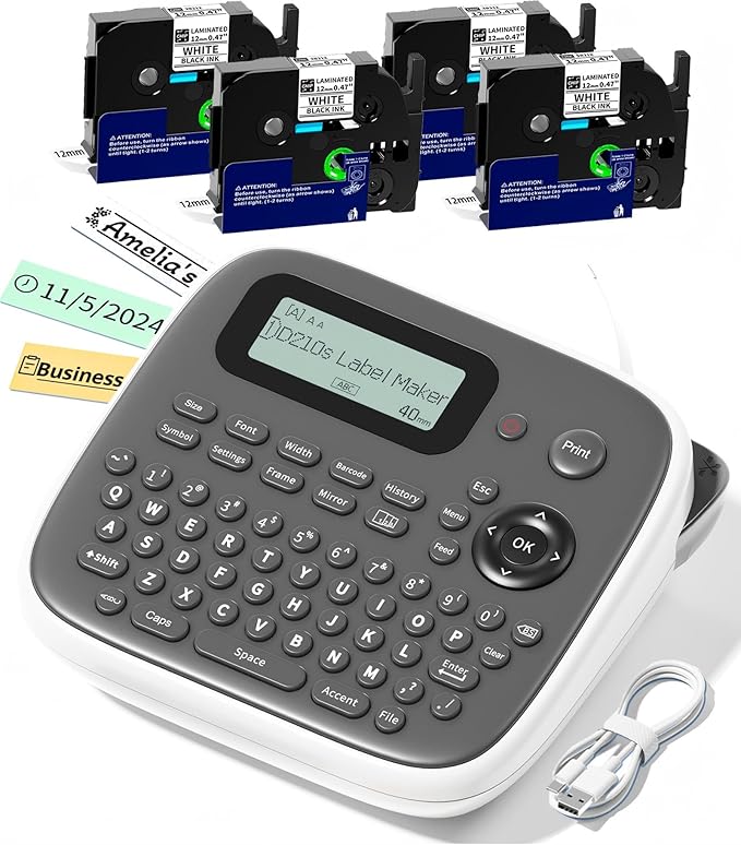 D210s Label Maker Machine with 4 Tapes, Label Maker Waterproof-Labels Bundle, Labeler Machine with Tapes 12mm 0.47 Laminated White, Inkless Labeling Machine for Office & School Supplies