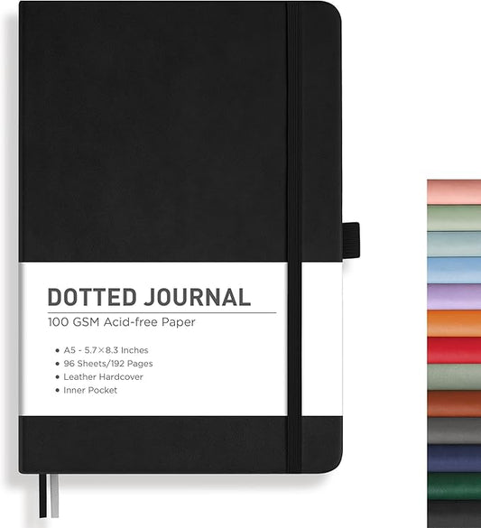 RETTACY Bullet Dotted Journal Notebook, 192 Pages, A5 Medium Size (5.7'' x 8.3''), Leather Hardcover, 100 GSM Thick Paper, for Bullet Journaling, Planning, Tracking (Black)