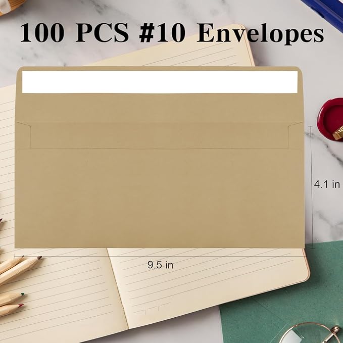100 Pack Kraft #10 Business Envelopes, Standard Envelopes Self Seal, 4 1/8 x 9 1/2 Inch Letter Size Business Mailing Envelopes for Checks Invoices Statements Baby Shower Wedding Birthday