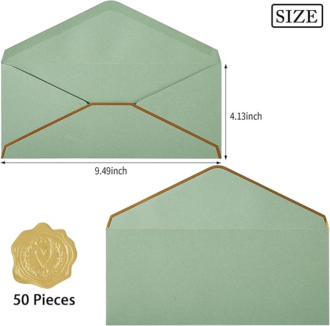 50 Pack #10 Business Envelopes with Gold Border, Self Seal Standard Envelopes with Gold Stickers for Office, Checks, Letter Mailing, Invoices, 4 1/8 x 9 1/2 Inches (Sage-Green)