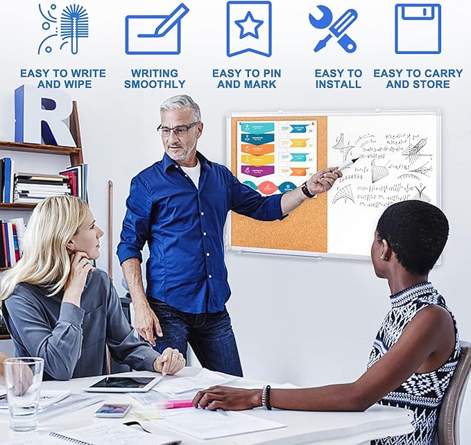 Magnetic White Board and Cork Board Combo, 36 X 24 inches Whiteboard Bulletin Combination Board, Wall Mounted Dry Erase Message Board for Home, School and Office