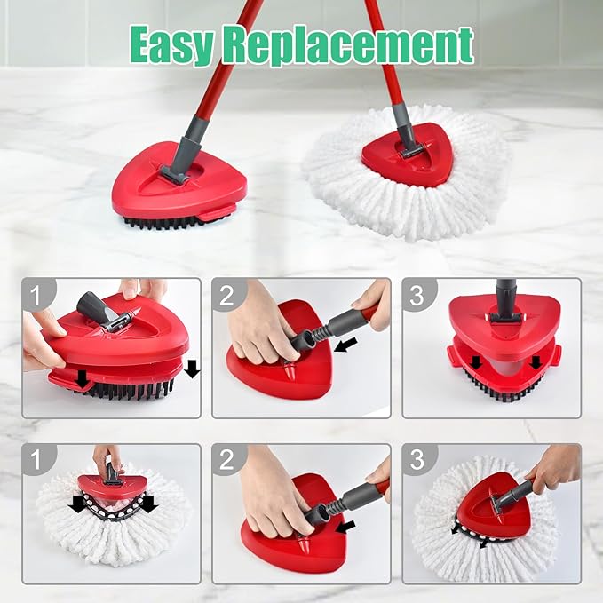 Mop Handle Mop Replace Heads and Mop Base Brush Replacement for O Cedar EasyWring 1-Tank Spin Mop System Include 2 Mop Head, 4-Section Mop Handle, 1 Base and 1 Scrub Brush Combo Set for Floor Cleaning