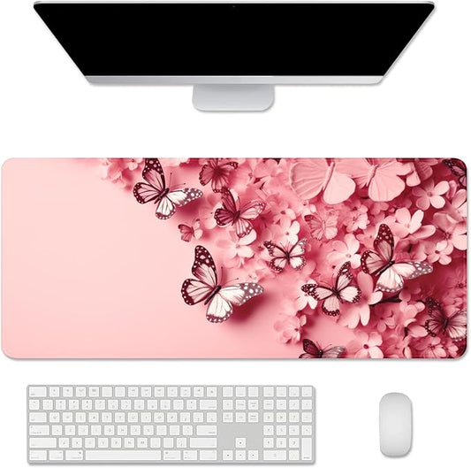 Pink Mouse Pad Desk Mat,Butterfly Large Mouse Pads Desk Pad,Long Mouse Pad Gaming Mousepad Mouse Mat with Stitched Edge - Non-Slip Rubber Base for Office Computer Keyboard Laptop