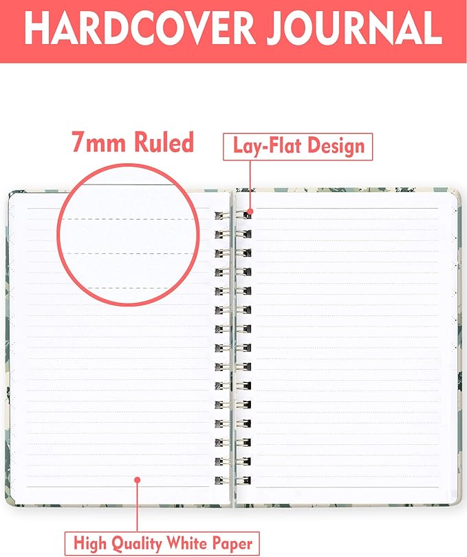 Spiral Journal Notebook for Women, Hardcover A5 College Ruled Notebook, 120 Pages, Thick Paper, Cute Lined Journal for School, Office & Work, 6 x 8.4 in(Floral Green)