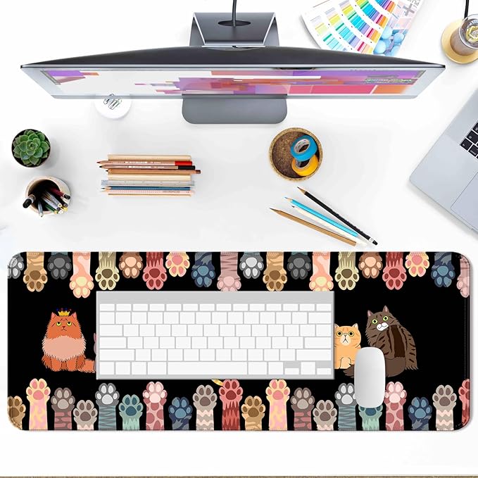 Cute Cat Paw Desk Mat, Extended Kawaii Cat Large Gaming Mouse Pad, Computer Keyboard Laptop Mousepad for Work, Game, Office and Home, XL