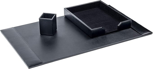 Dacasso Bonded Set Luxury Leather Desk Pad & Desk Organization Essentials, 3 Piece, Black