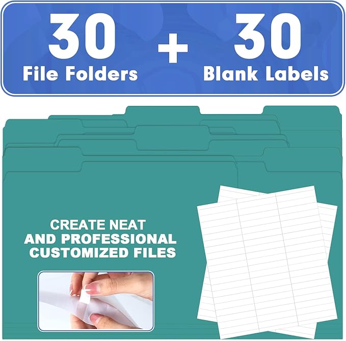 File Folder, HERKKA 30 Pack 1/3 Cut Tab File Folders, File Folders Great for Organizing and Filing, Letter Size, Turquoise