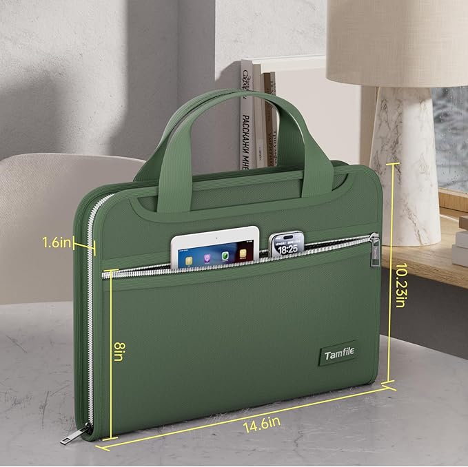 Tamfile Fireproof Accordion File Organizer with Handle, 13 Pocket Expanding File Folder with Zipper & Labels, File Folder with Multi-Pockets Paper Organizer Folder for Letter A4 Files, Green