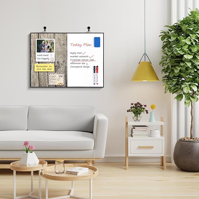 ARCOBIS Cork Board White Board Combo, 24"X18" Linen Bulletin Board Whiteboard for Wall, Double-Sided Magnetic Dry Erase Corkboard for Home, Office, School, Rustic Grey