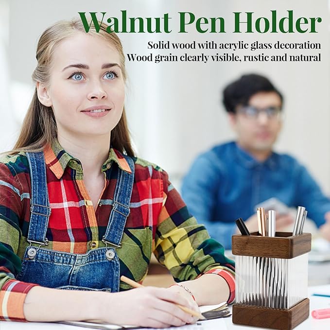 MultiBey Walnut Wooden Pencil Holder, Clear Acrylic Wood Pen Holder, Black Walnut Desktop Pencil Cup Stand Wood Desk Accessory Organizer for School Office Home Supplies
