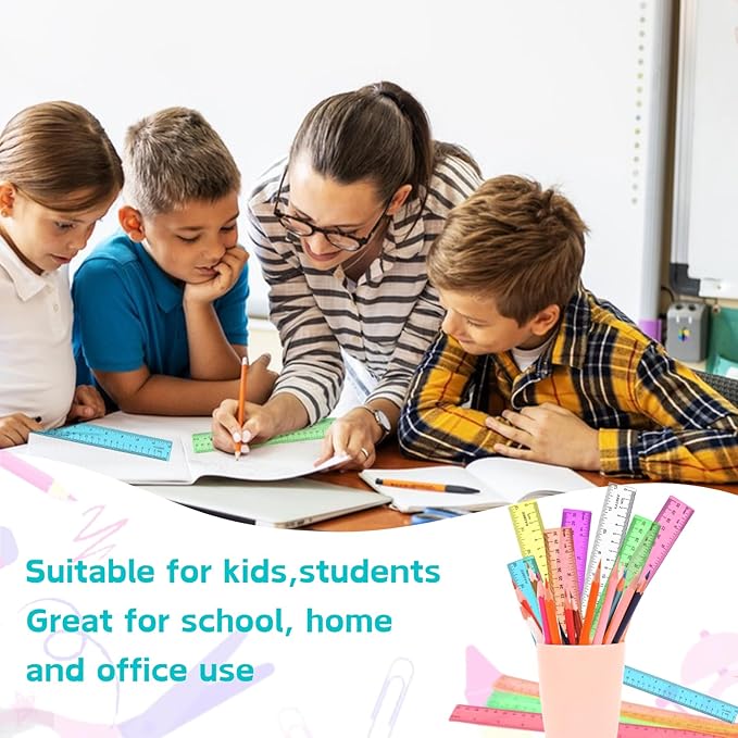 Rulers 12 Inch, Colored Clear Rulers, Plastic Measuring Ruler for Kids, School, Home and Office, Millimeter, Centimeter and Inches, Pack of 7