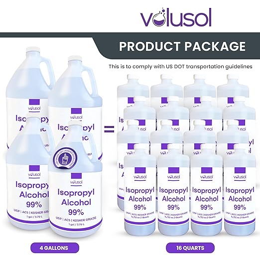 Volu-Sol Isopropyl Alcohol 99% (Isopropanol) - High Purity, USP | Kosher Grade IPA for Medical, Lab Equipment & Electronics, Clear Bottle, 4 Gallons (128 oz) (16 Quarts)