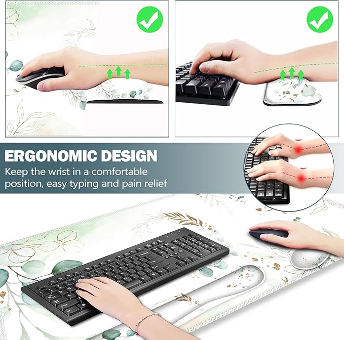 ARTSO Gaming Mouse Pad Wrist Support Set, XXL Large Desk Mat Mousepad + Keyboard Wrist Support+ Mouse Wrist Rest+Coaster 4in1 Ergonomic, Memory Foam, Stitched Edge for Home Office -Pretty Leaves