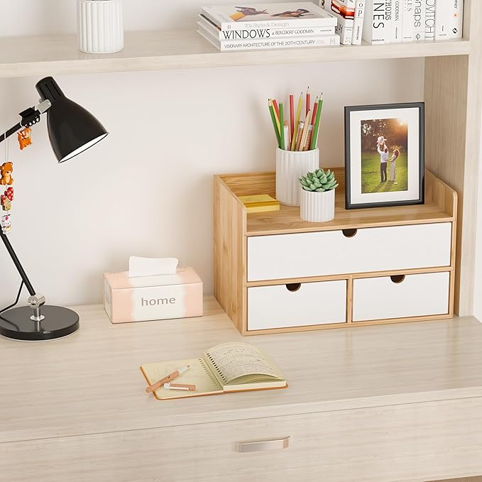 Wisuce Desk Organizer with Drawers - Bamboo Desktop Organizer Storage | Natural-White Wood Desk Drawers Organizer for Bills, Office Supplies, Cosmetics, Seals No Assembly Required