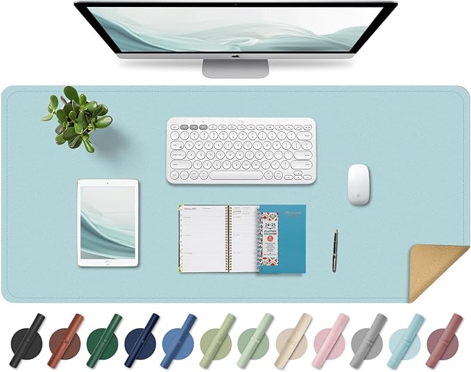 Non Slip Desk Mat, 31.5" x 15.7" PU Leather Desk Pad, Cork Desk Mat for Desktop, Desk Pad for Keyboard and Mouse, Ideal for Office and Home, Light Blue