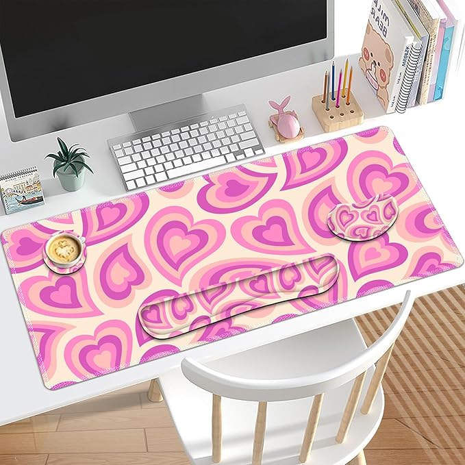 Keyboard Mouse Pad Set, Extended Gaming Mouse Pad +Keyboard Wrist Support +Mouse Wrist Rest +Coaster, 35.4x15.7 in XXL Large Ergonomic Desk Mat 4in1 Set for Home Office, Pink Heart