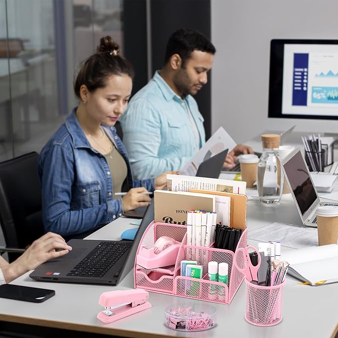 17 in 1 Pink Desk Organizers and Accessories Set, 3 Office Desk Supplies Storage Organization, 4 Pens, Stapler, Staples & Remover, Tape & Dispenser, Scissors, Ruler, Clips, Hole Punch, Back to School