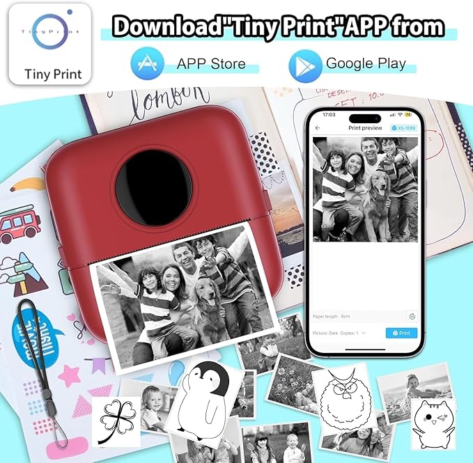 HuiJuKeJi Mini Sticker Printer Bluetooth Smart Pocket Inkless Thermal Printer with 11 Rolls Thermal Paper and Sticker for iOS&Android, Portable Receipt Printer for Photo Note Memo (Brown red)