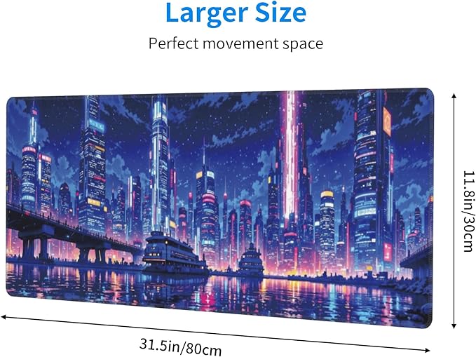 Neon City Large Mouse Pad, Anime Style Gaming Desk Mat, XL Keyboard Desk Pad Mat for Desktop, 31.5"x11.8" Non-Slip Base Big Mousepad with Stitched Edges