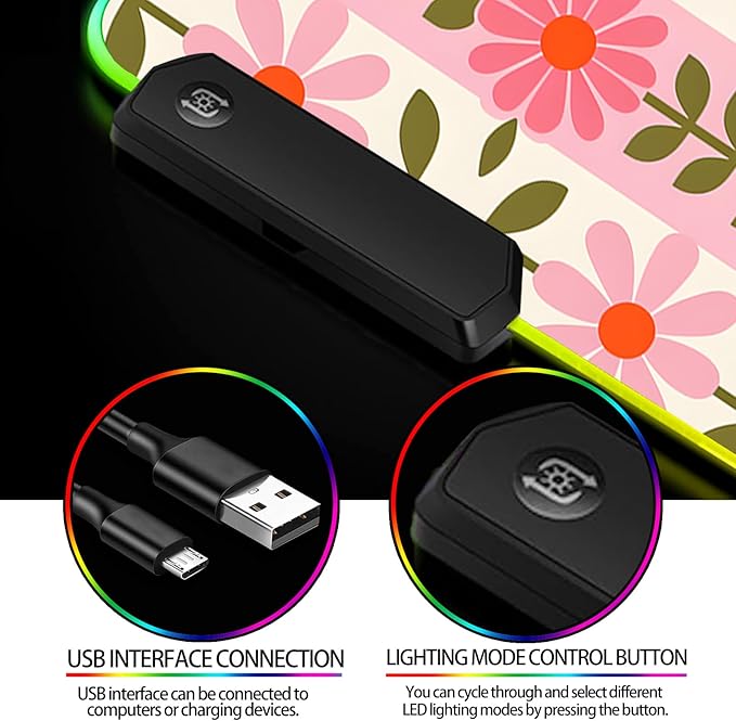 RGB Pretty Pink Flowers Gaming Desk Mat, Computer Keyboard Large Extended Long Floral LED Mouse Pad for Office and Home, XL (W11)