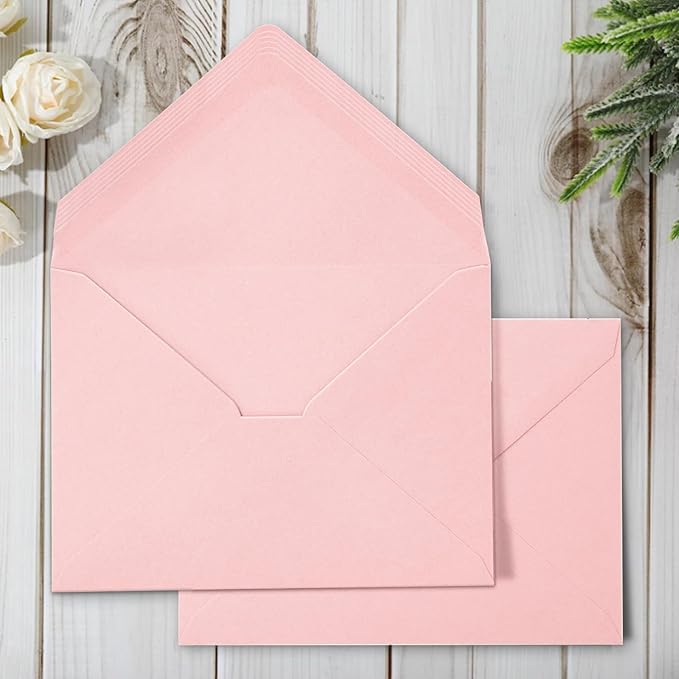 Whaline 50pcs Pink A7 Invitation Envelopes Greeting Card Envelopes with V-Flap, Gift Card Sleeves for Mailing, 7.3x5.3 Inch