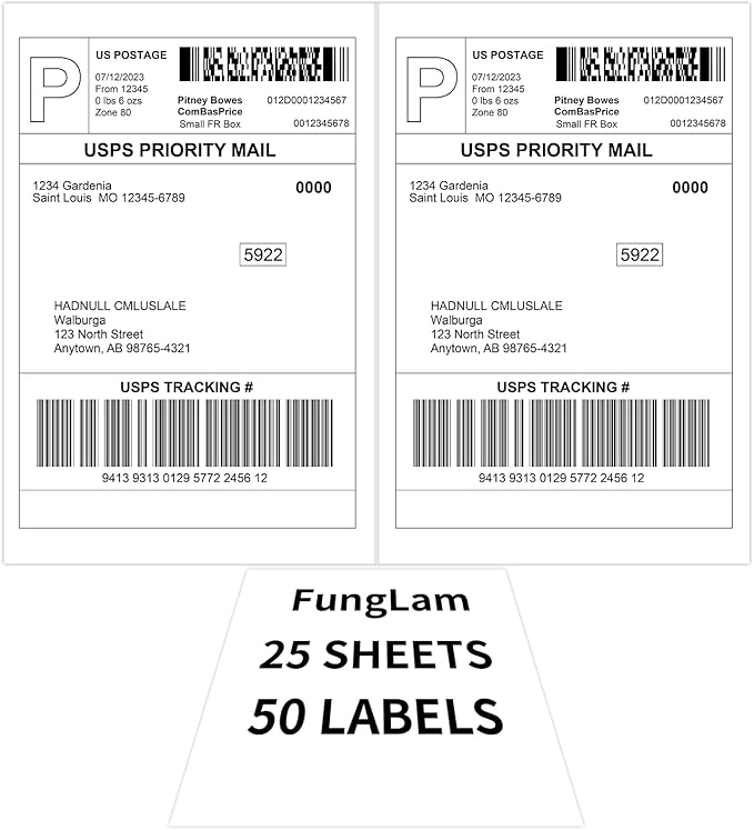 Half Sheet Shipping Labels 8.5x5.5 Inches, FungLam Half Page Labels, 8.5”x11” Self Adhesive Shipping Labels for Laser&Inkjet Printers, White Mailing Address Labels, 2 Labels Per Sheet, 50 Labels.