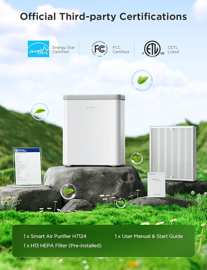 GoveeLife Smart Air Purifier for Home Large Rooms, Covers up to 1046 ft², PM2.5 Monitor, Sleep Mode, 3-in-1 Filter Air Purifier with App and Alexa Control for Pet Hair, Odors, Pollen and Smoke