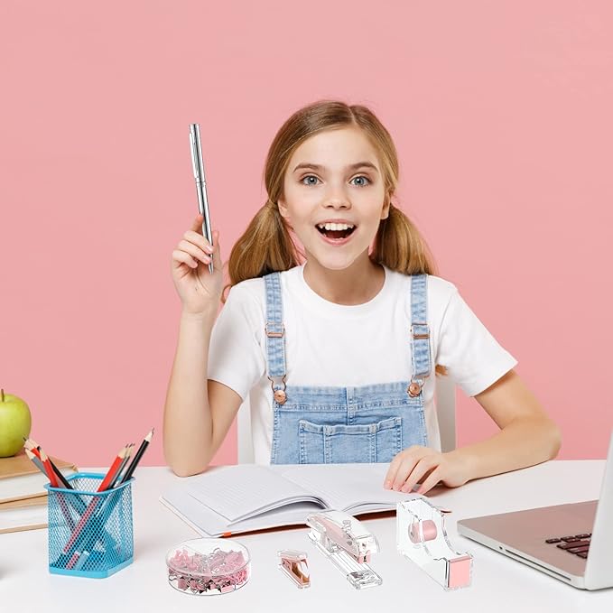 Office Supplies Set Desk Accessory Kit, Acrylic Stapler Set Staple Remover, Tape Dispenser, Binder Clips, Paper Clips, Ballpoint Pen and Scissor with 1000 Pieces 26/6 Staples (Pink)