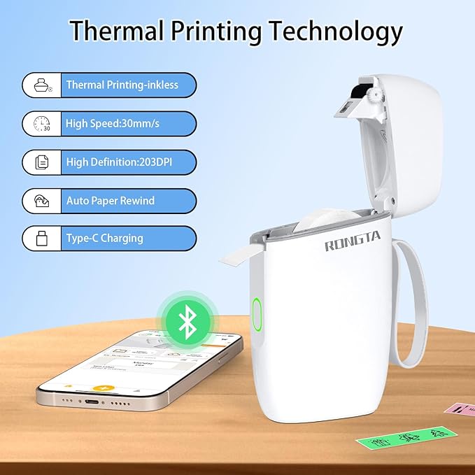Rongta Bluetooth Label Maker Machine with Tape, Portable Mini Label Printer Wireless Thermal Handheld Sticker Makers Mini Label Makers with Multiple Templates for Organizing Office Home School(White)