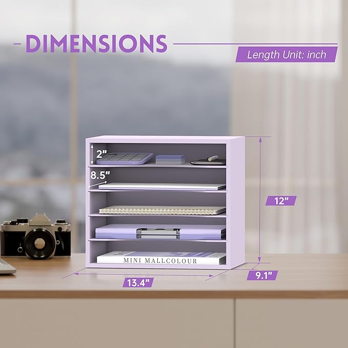 SUPEASY Wood Desk Organizer, 5 Tier Paper File Organizer for Desk, Wooden Desktop Organizer, Paper Letter Literature Mail Sorter, for Office School & Home Organization, Purple
