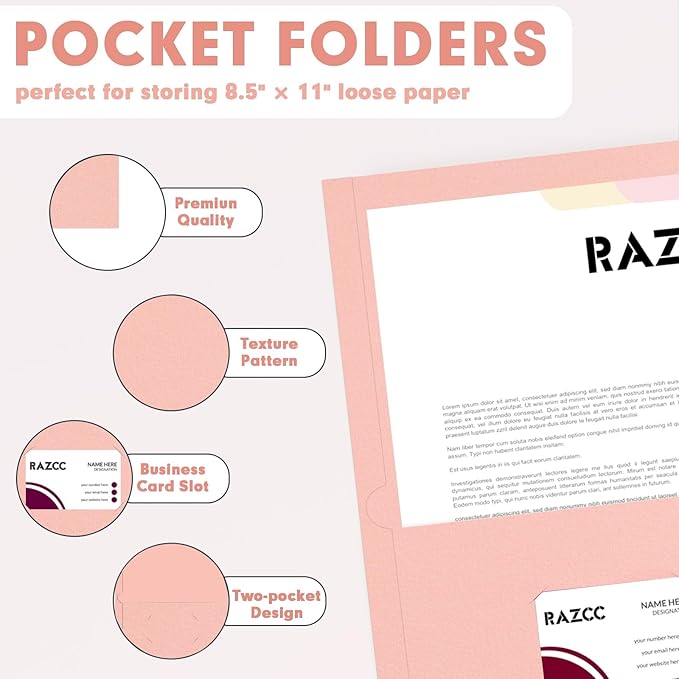 Two Pocket Folders, RAZCC 30 Pack File Folders with Pockets Fit Letter Size Paper, Thick Paper File Folder for School Office Business Home (Pink)
