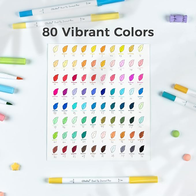 Ohuhu Markers for Adults Coloring Books 80 Colors Coloring Markers Pens for Journaling Water-Based Dual Tips Extra Fine & Brush Art Markers for Calligraphy Lettering Card-making