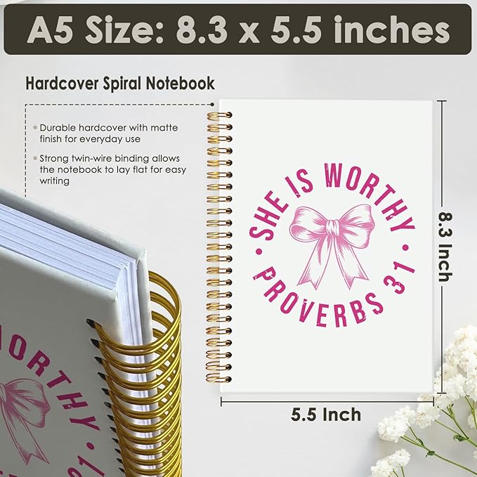 Pink Coquette Bow Christian Spiral Notebook, Proverbs 31 Woman Bible Journaling Notebook, Prayer Journal for Woman, Church Notes Journal, Scripture Hardcover Notebooks 5.5x8.3