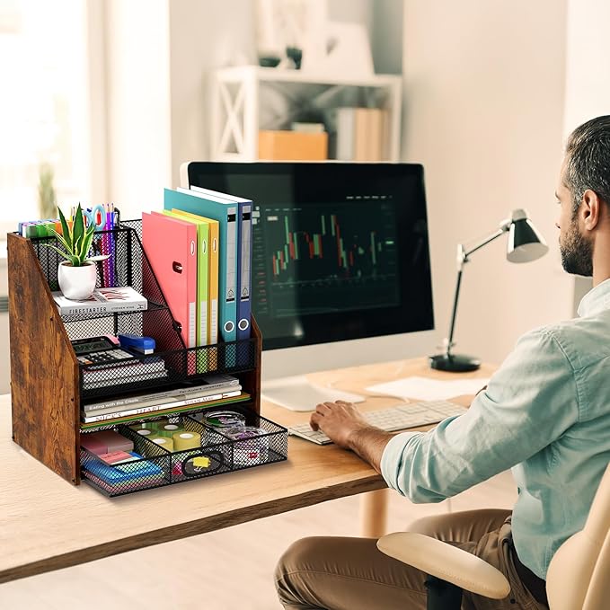 Wooden Desk Organizer - Mesh File Organizer with Drawers and Pen Holder - 4-Tier Vertical Paper Letter Storage Tray, Desktop Organizers and Accessories for Home Office