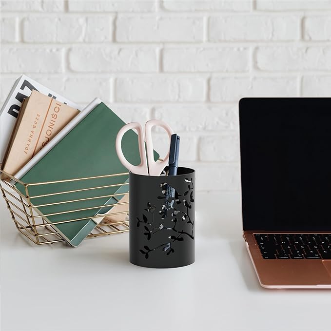 Mango Steam Metal Pen Holder, Makeup Brush Cup Organizer for Office, Bathroom, Vanity (Black, Bird)