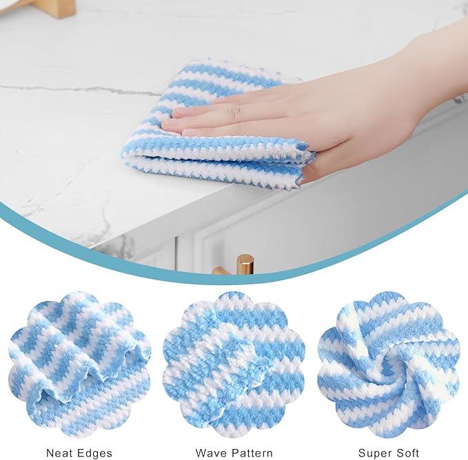 Homaxy 12 Pack Kitchen Dish Cloths, Ultra Soft and Absorbent Dish Towels, Reusable Fast Drying Microfiber Cleaning Cloth, Coral Velvet Wave Design No-lint, 10 x 10 inches, Blue