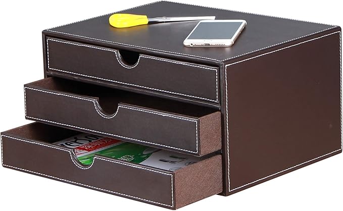 Stackable 3-Drawer Desk Organizer, Executive Office Supplies Desktop Filing A4 File Cabinet/Holder, Leather Storage Box for Document/Paper/Home Decor Accessories (brown)…