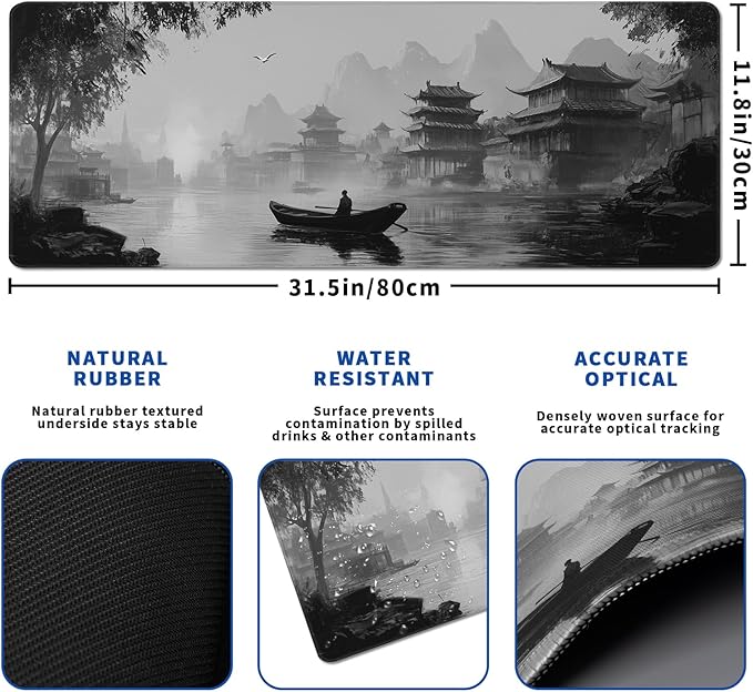 Japanese Ink Landscape Mouse Pad Abstract Black Mouse Pad 31.5x11.8 Inch LandscapeTexture Non-Slip Rubber Base Large Mousepad Stitched Edges Keyboard Mouse Mat Desk Pad for Office and Home