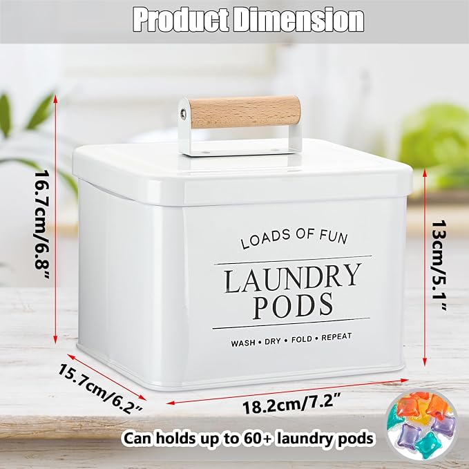 Metal Laundry Pod Holder Powder Holder Farmhouse Laundry Pods Container with Handle Lid, Powder Dispenser Dryer Sheet Dispenser for Laundry Room Organization Decor - 7.2" x 6.2" x 5.1", White